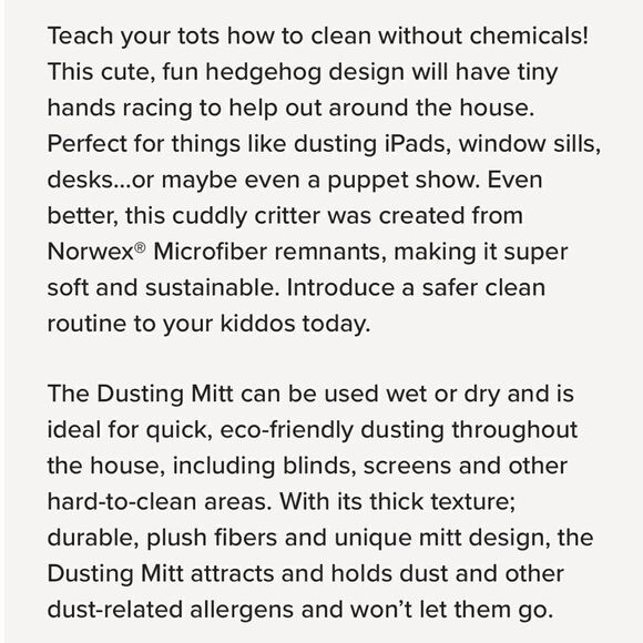 Norwex Kids Hedgehog Dusting Mitt Limited Edition NWOT - Picture 2 of 7